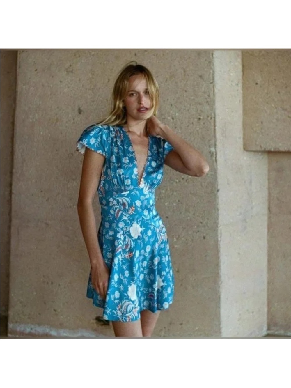 Doen Blue Floral V-Neck Mini Dress with Cream & Orange Accents